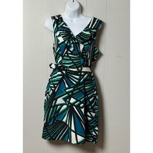 Banana Republic Geometric Abstract Print Ruffle V-Neck Belted Dress Green Sz 12P